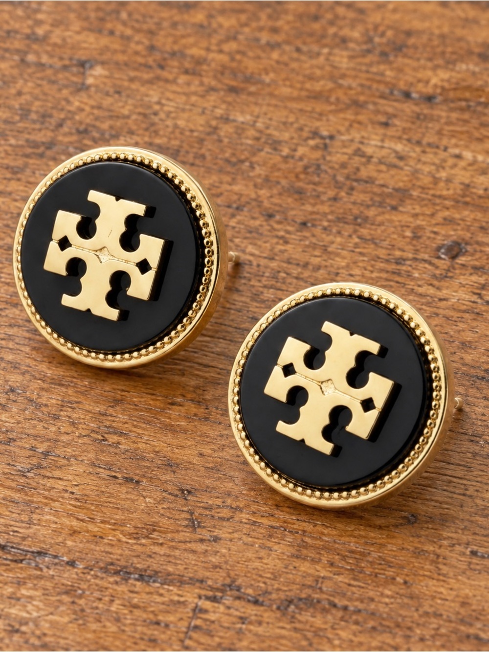 Tory Burch Black and Gold Round Logo Button Earrings